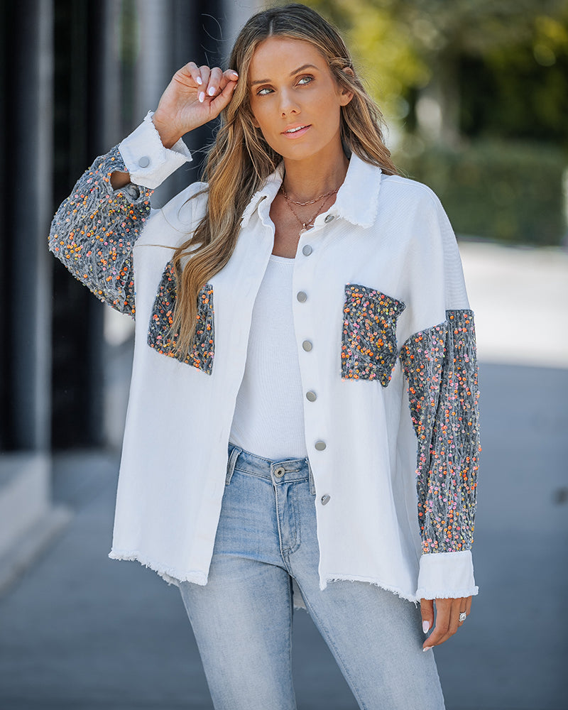 Raw Hem Sequin Patchwork Denim Shacket with Button Front