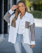 Raw Hem Sequin Patchwork Denim Shacket with Button Front