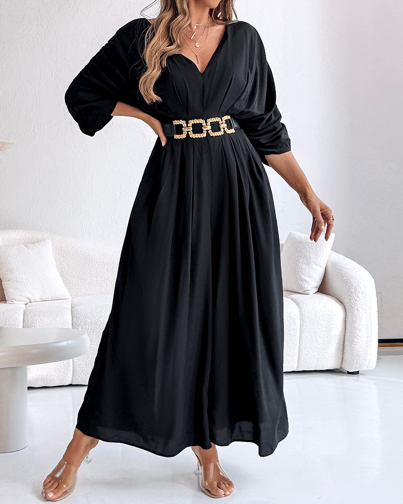 Deep V-Neck Jumpsuit with Ruched Sleeves and Waist Ties