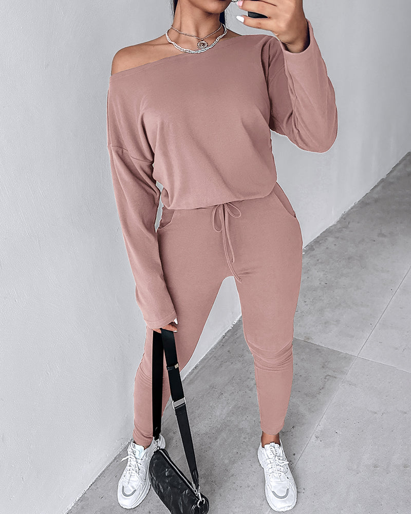 2-Piece Asymmetrical Neck Sweater and Drawstring Slim-Fit Pants Set