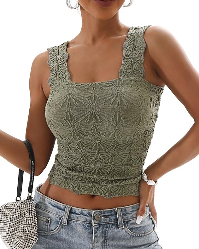Floral Jacquard Square Neck Crop Top with Thick Straps