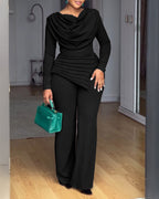 Cowl Neck Asymmetrical Cinched Waist Wide Leg Zippered Jumpsuit