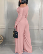 Pearl-Adorned Asymmetrical Neck Ruched Jumpsuit with Cinched Waist