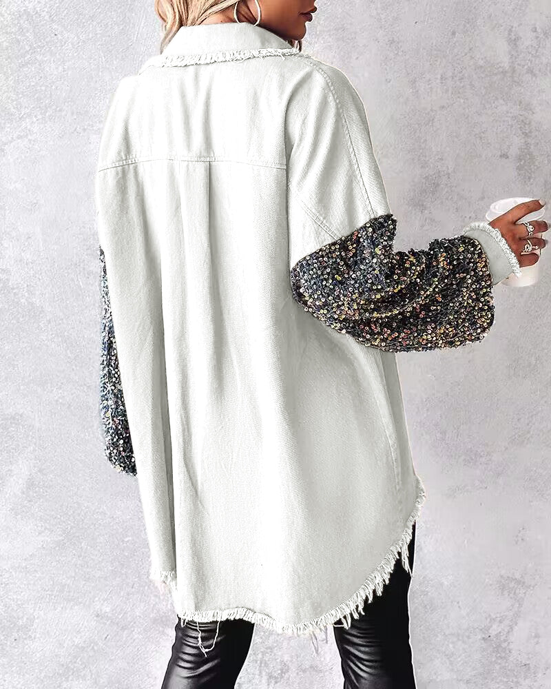Raw Hem Sequin Patchwork Denim Shacket with Button Front