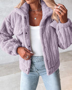 Striped Teddy Fleece Jacket with Buttons and Flap Pockets