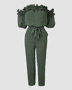 Off-Shoulder Frill Trim Textured Jumpsuit with Tie Waist
