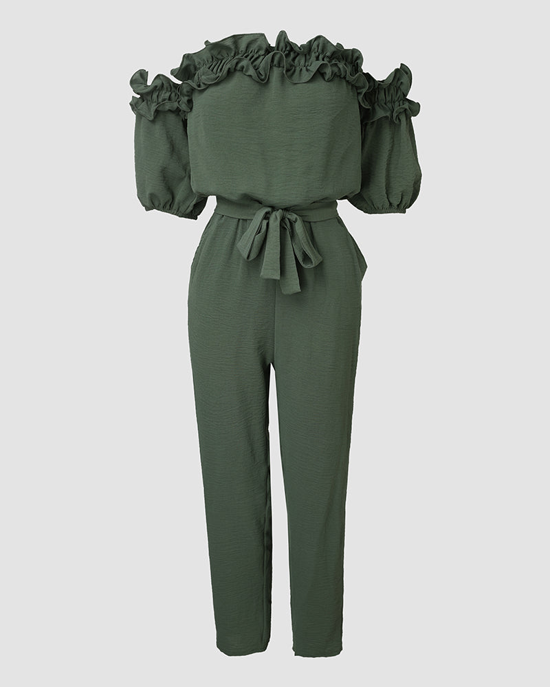 Off-Shoulder Frill Trim Textured Jumpsuit with Tie Waist