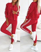 3-Piece Tracksuit with Snap-Button Coat, Striped Pants, and Tank