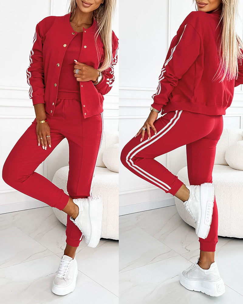 3-Piece Tracksuit with Snap-Button Coat, Striped Pants, and Tank