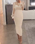 Mock Neck Beaded Mesh Bodycon Dress with Rear Zipper