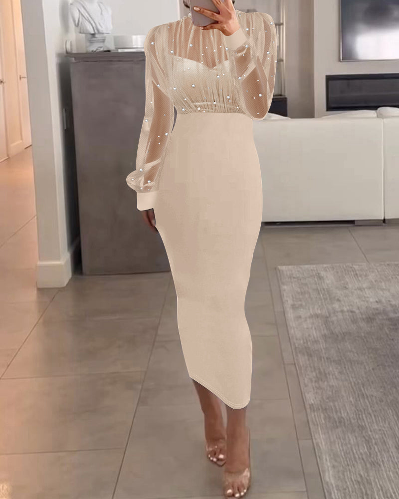 Mock Neck Beaded Mesh Bodycon Dress with Rear Zipper