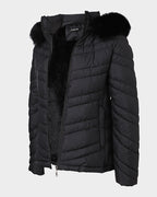 Fuzzy Trim Hooded Puffer Jacket with Shirred Zipper Pockets