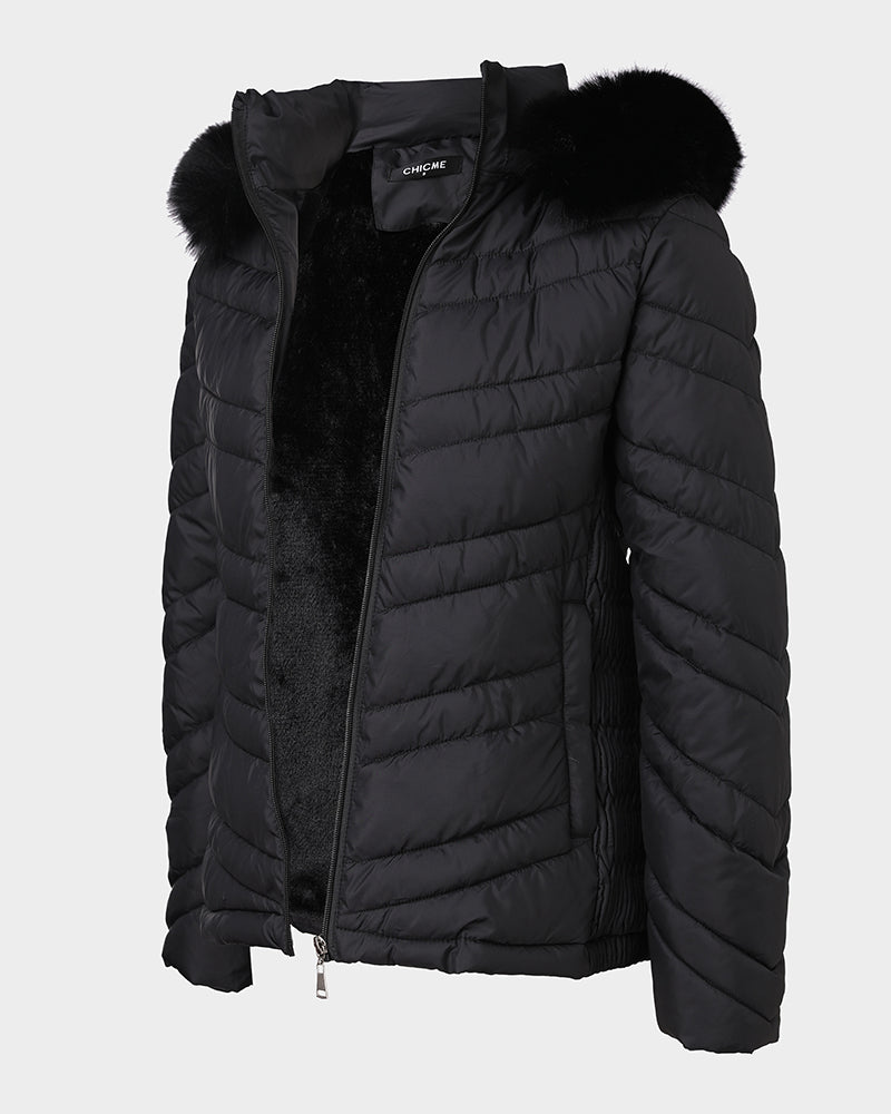 Fuzzy Trim Hooded Puffer Jacket with Shirred Zipper Pockets