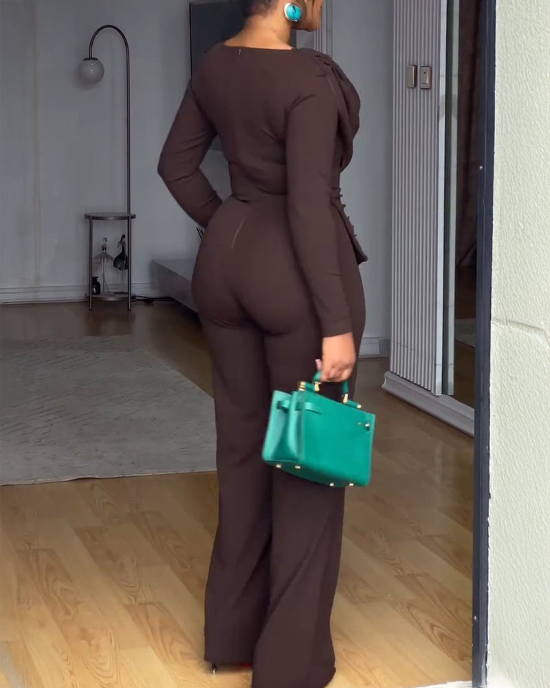 Cowl Neck Asymmetrical Cinched Waist Wide Leg Zippered Jumpsuit