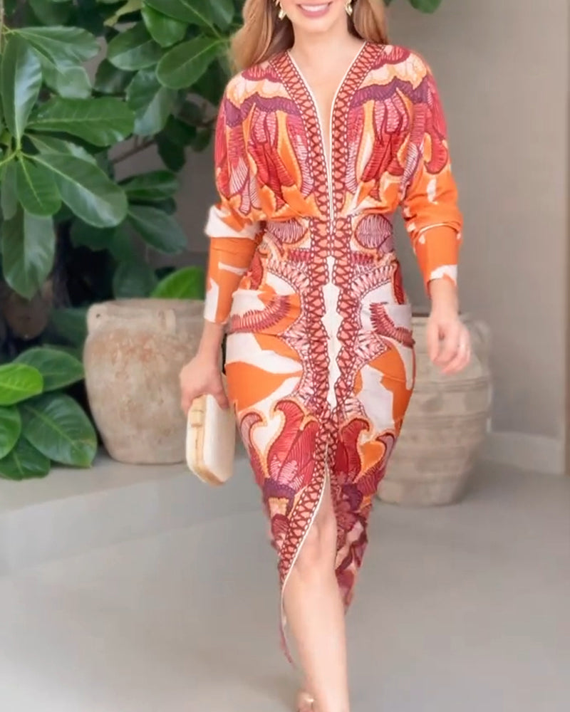 Vintage Baroque Deep V-Neck Bodycon Dress with Ruched Long Sleeves