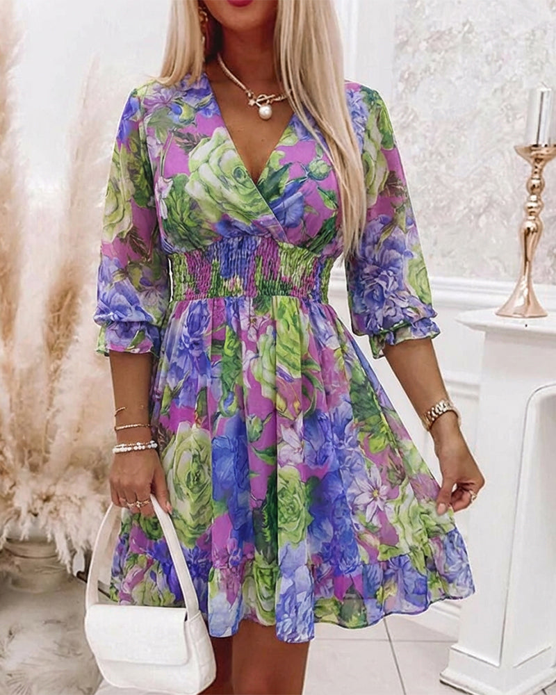 Chiffon Floral V-Neck Dress with Ruffled Hem and Shirred Waist