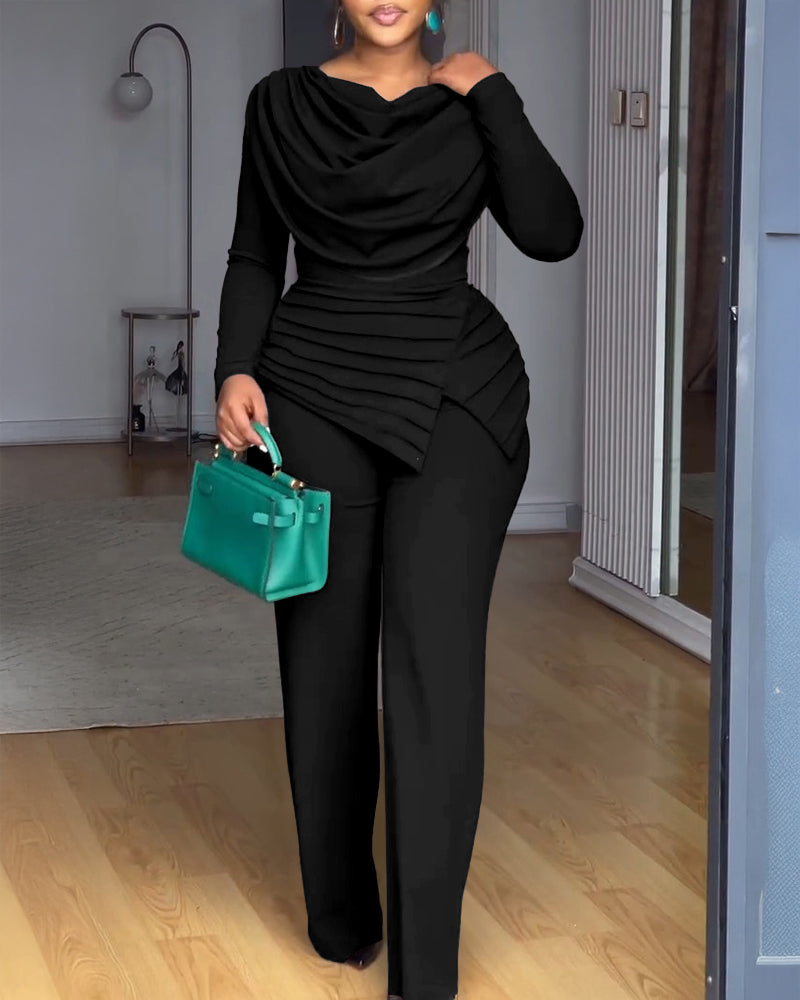 Cowl Neck Asymmetrical Cinched Waist Wide Leg Zippered Jumpsuit