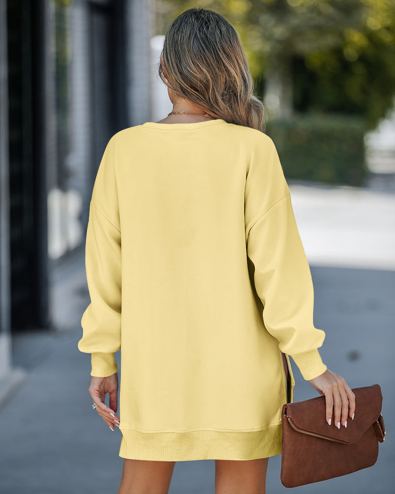 Drop Shoulder Zip-Side Long Sleeve Pullover with Slit Detail.