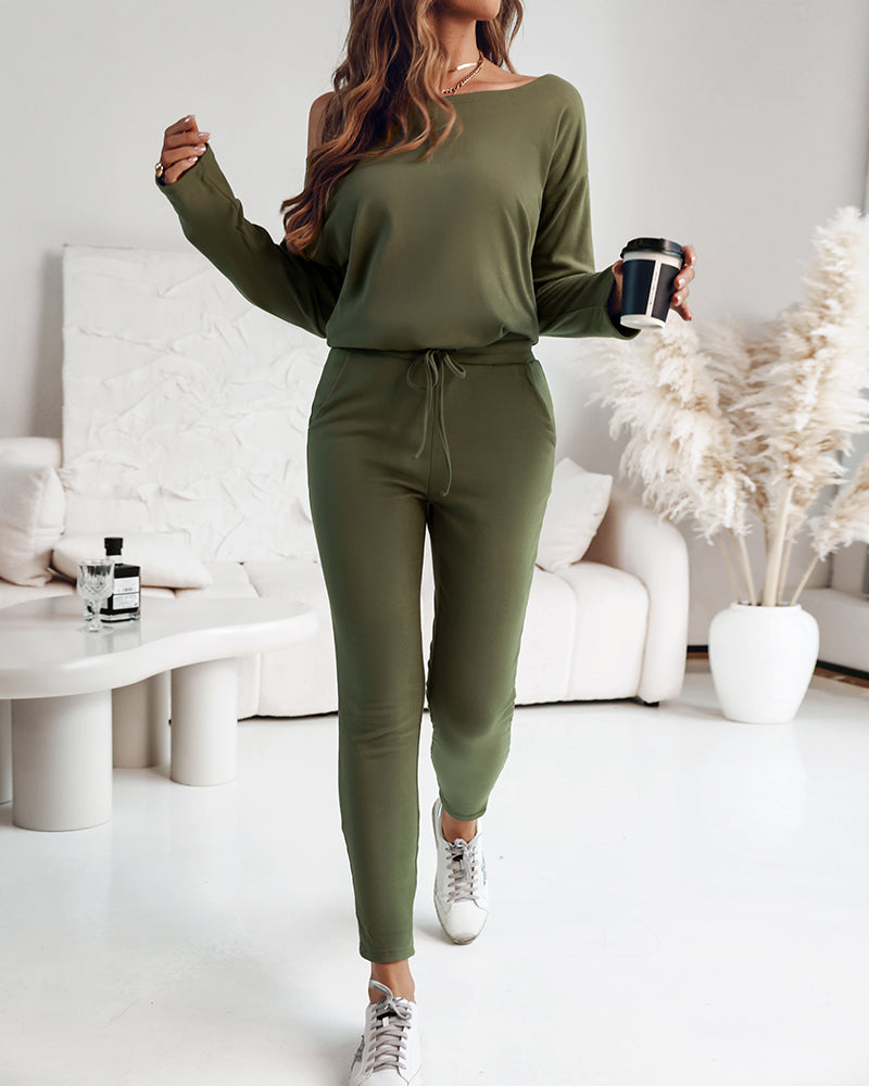 2-Piece Asymmetrical Neck Sweater and Drawstring Slim-Fit Pants Set
