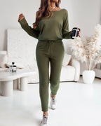 2-Piece Asymmetrical Neck Sweater and Drawstring Slim-Fit Pants Set