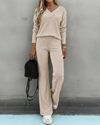 2-Piece V-Neck Button Top and Straight Leg Casual Pants Set
