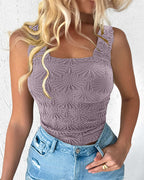 Floral Jacquard Square Neck Crop Top with Thick Straps