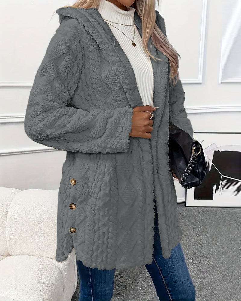 Argyle Hooded Teddy Coat with Buttoned Slits