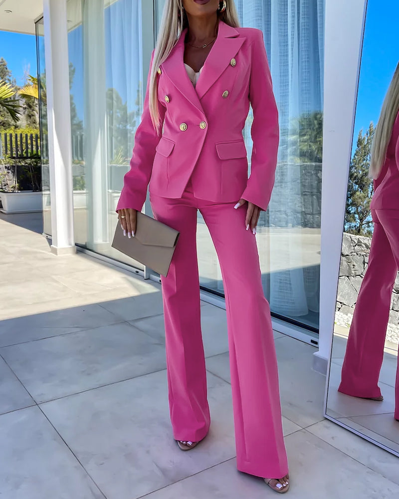 2-Piece Notched Collar Coat with Slim Fit Flared Pants Set