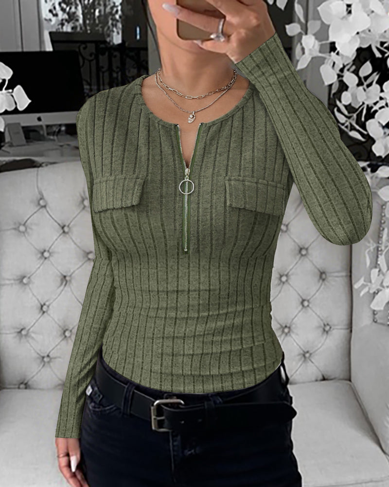 Long Sleeve Half Zip Ribbed Tee with Flap Detail