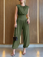 Padded Shoulder Sleeveless Jumpsuit with Cinched Waist and Side Slit
