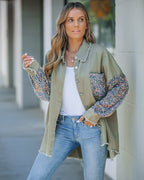 Raw Hem Sequin Patchwork Denim Shacket with Button Front