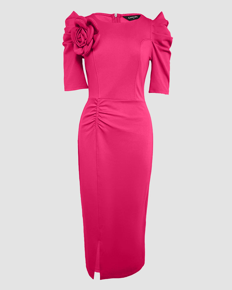 3D Floral Ruched Bodycon Dress with Puff Sleeves and Slit
