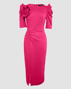 3D Floral Ruched Bodycon Dress with Puff Sleeves and Slit
