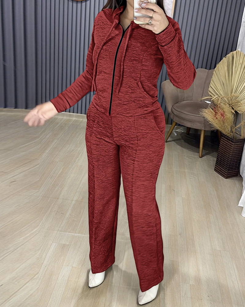 Two-Piece Ensemble Featuring Long-Sleeve Hoodie and Straight-Leg Pants