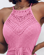Ruched Halter Dress with Lace Yoke and Adjustable Neckline