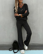 2-Piece V-Neck Button Top and Straight Leg Casual Pants Set