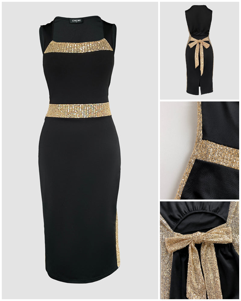 Square Neck Sleeveless Dress with Bowknot and Mid-Calf Slit
