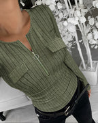 Long Sleeve Half Zip Ribbed Tee with Flap Detail