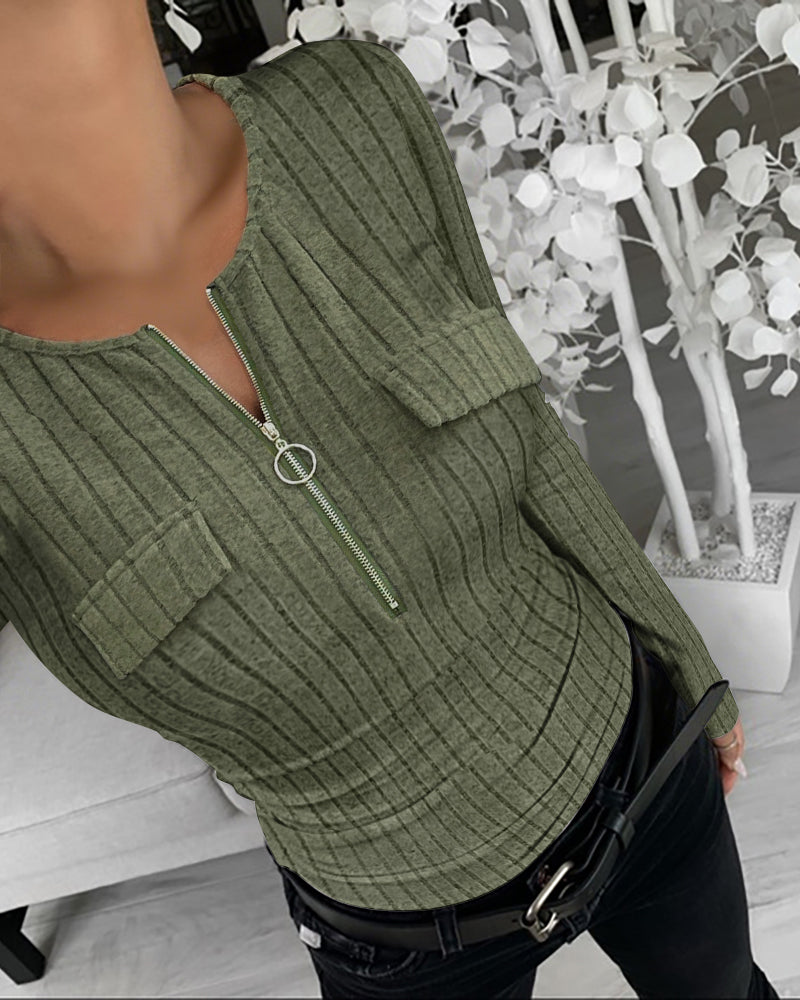 Long Sleeve Half Zip Ribbed Tee with Flap Detail