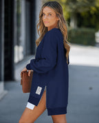 Drop Shoulder Zip-Side Long Sleeve Pullover with Slit Detail.