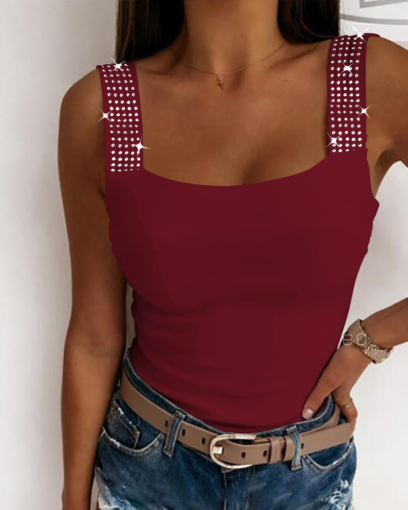 Thick Strap Tank Top with Rhinestone Embellishments