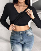 Rib Knit Notch Neck Long Sleeve Top with Built-In Bra