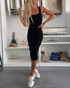 2-Piece U-Neck Tank Dress with Pearl-Button Baseball Coat Set