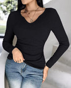 Rib Knit Notch Neck Long Sleeve Top with Built-In Bra