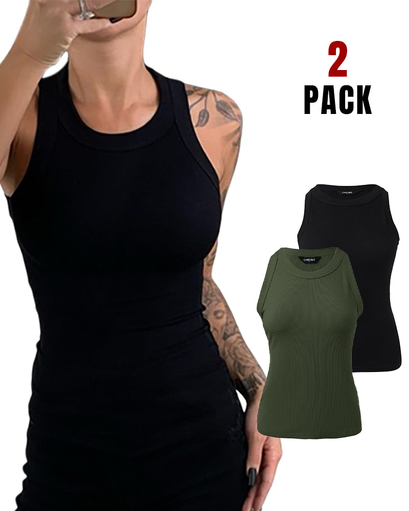 2-Pack Ribbed Racerback Tank Tops, Round Neck, No Bra Pads
