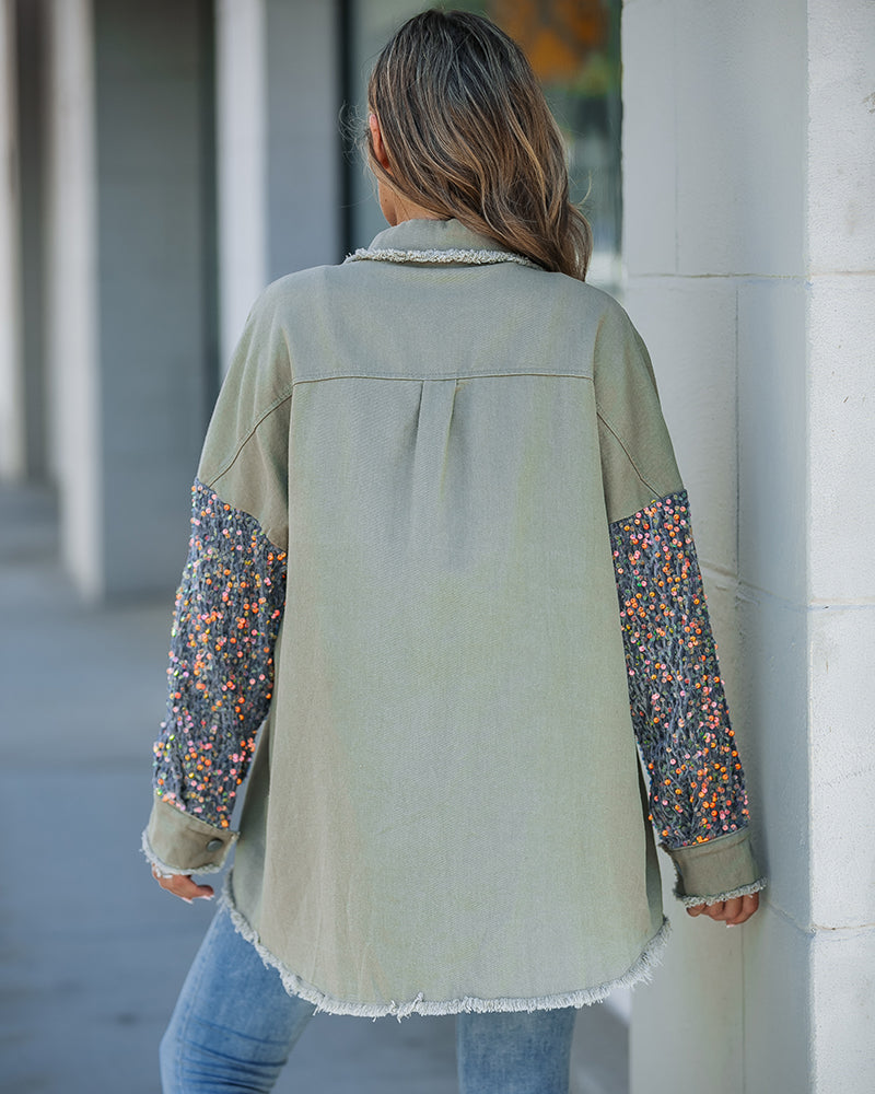 Raw Hem Sequin Patchwork Denim Shacket with Button Front