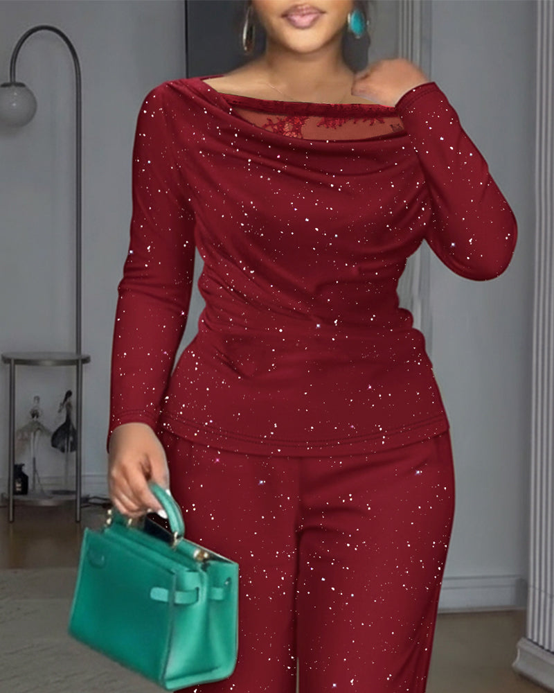 2-Piece Sparkly Ensemble: Lace Cowl Neck Top & Wide-Leg Pants