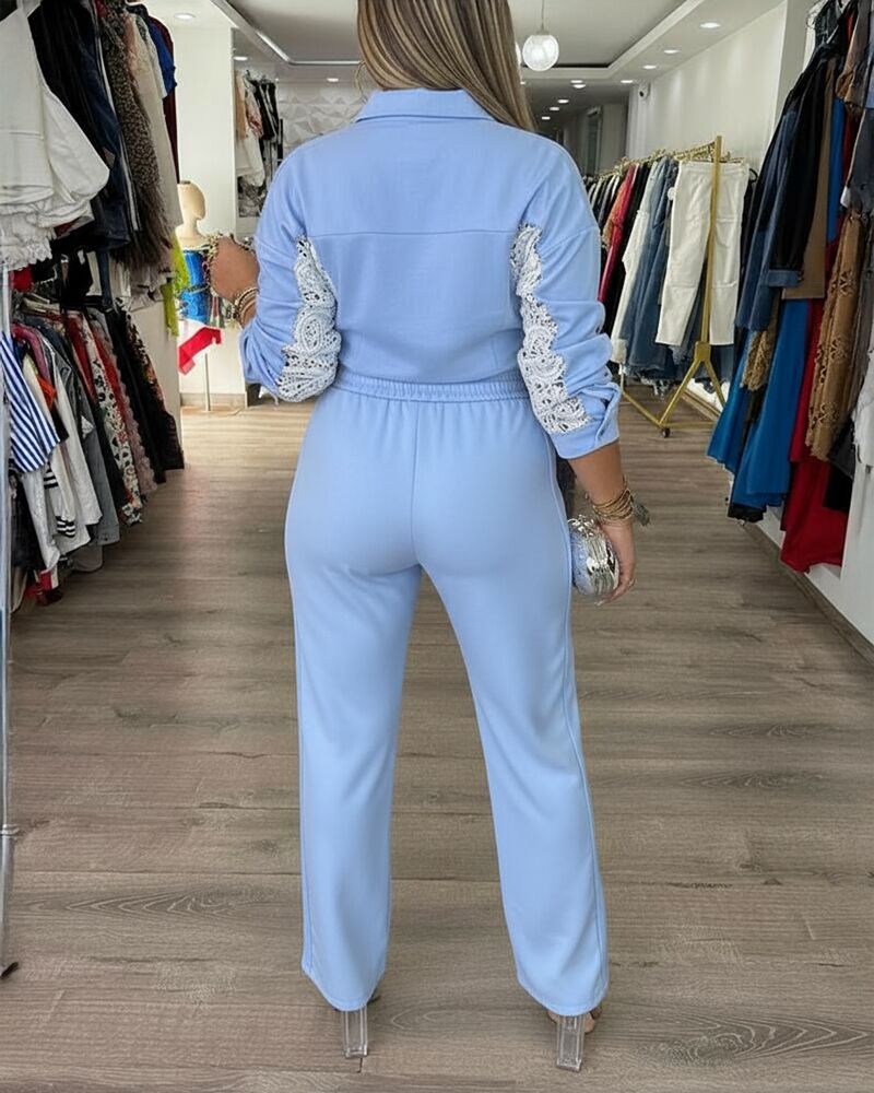 2-Piece Colorblock Set with Lace Detail and Drawstring Pants