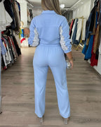 2-Piece Colorblock Set with Lace Detail and Drawstring Pants
