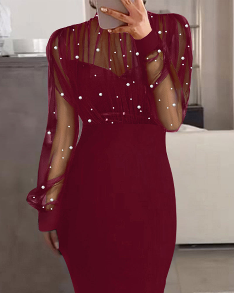 Mock Neck Beaded Mesh Bodycon Dress with Rear Zipper